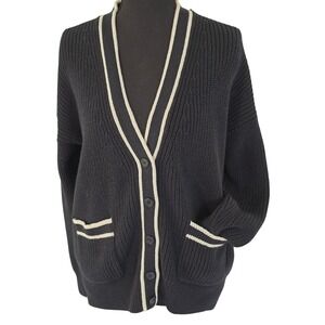 J.Crew Womens Black Cotton Shaker Stitch Varsity Cardigan Sweater Preppy XS
